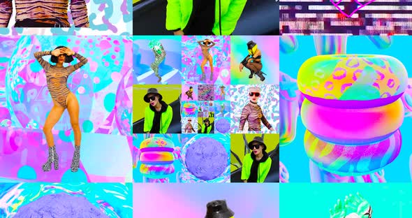 Looped 4k animation. 2d, 3d Crazy chaos mix of fashion objects and characters.