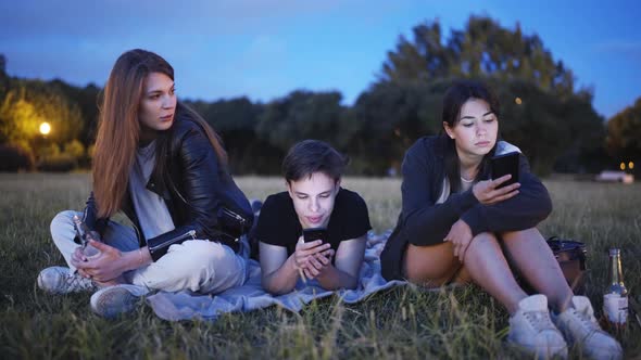 Friends Lie on the Lawn Look at Their Phones a Woman Sits and Says Something