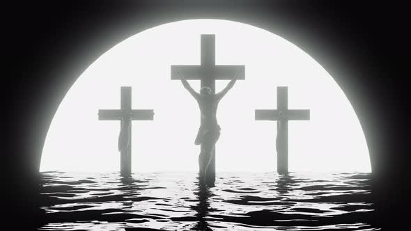 Three Crucifix Crosses At Sunset At Sea.