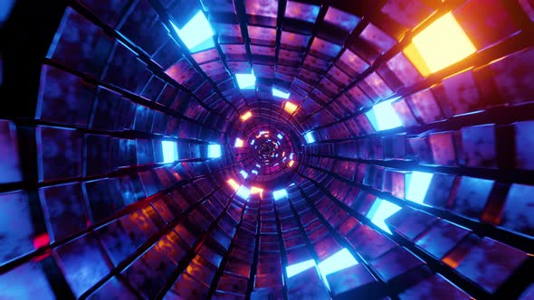 Flying through a circular tunnel with neon panels