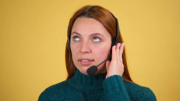 Young Red Hair Woman Posing Isolated on Yellow Color Background Studio alt