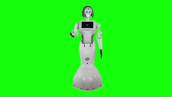 Robot a Hand Gesture Calls To Itself and Talks. Green Screen. Slow Motion alt