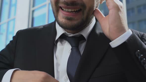 Sick Business Man Taking Medicine to Relieve Headache, Stressful Life Burnout