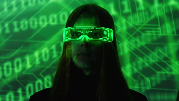 Female Coder Checking Data and Data Code on the Background alt