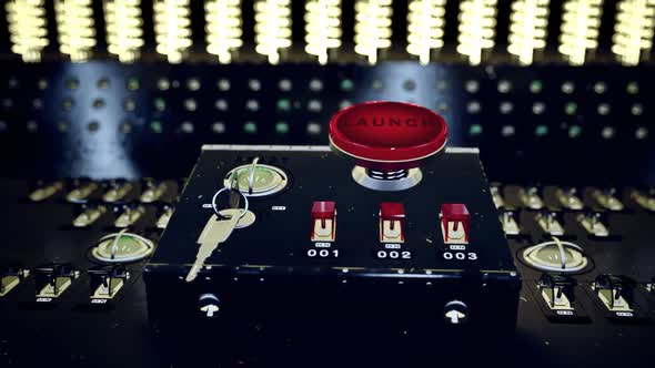 A retro launch control center with red 'Launch' button on the console. alt