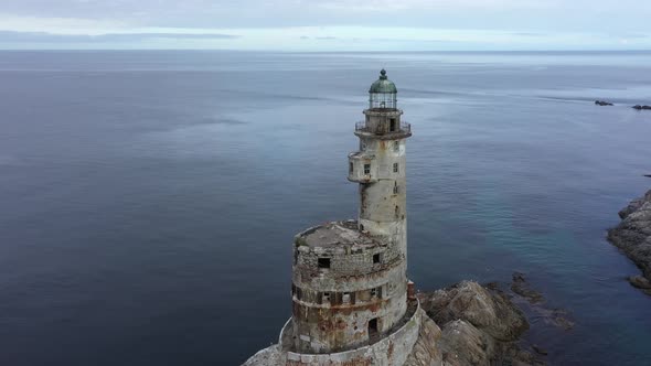 Old Abandoned Japanese Lighthouse Aniva in Southern Point of Sakhalin Island, Russia. Aerial View.