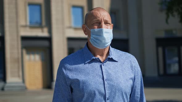 Man Mask Walk Outside. Coronavirus Is Here. Epidemic Person. Covid-19. People.