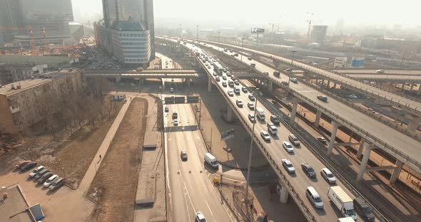 Aerial footage of cars going on the highway near Moscow City, Russia. Big traffic alt