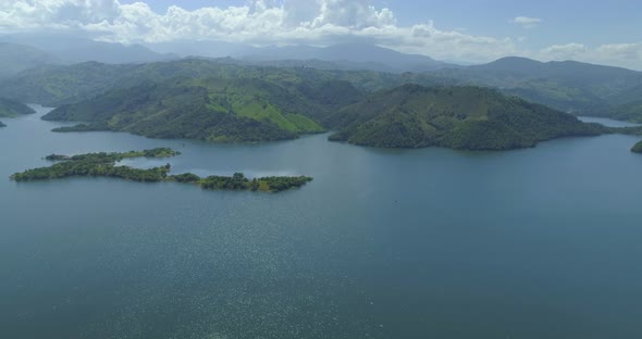 Aerial panoramic view of Mao river near Moncion dam. Dominican Republic alt