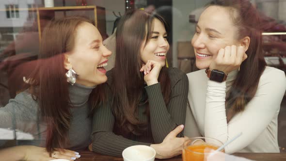 Women Girlfriends in a Cafe are Having a Fun Chatting and Drinking Their Beverages alt