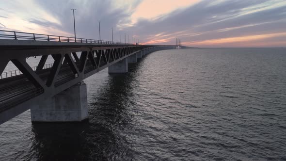 Drone Shot of Øresund Bridge at Dusk