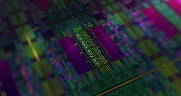 Modern CPU, GPU chip design with iridescent lighting. 
