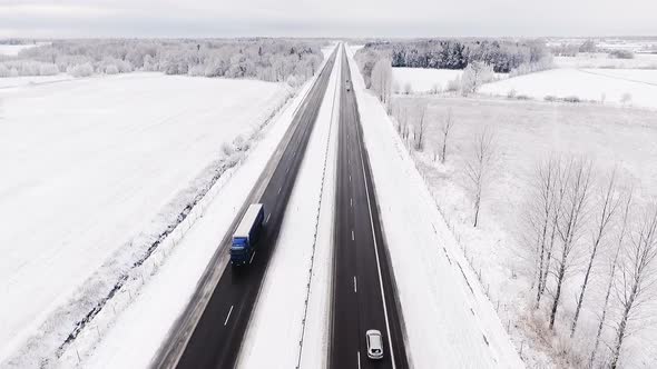 Aerial Highway Panorama in Winter Season