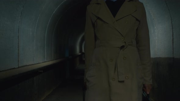 Businessman with rolling bag going through the tunnel