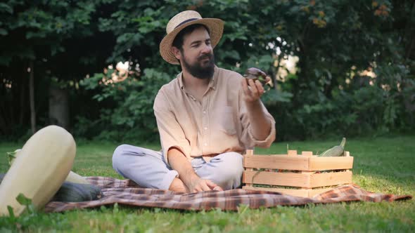 Wide Shot of Smiling Bearded Man Admiring Bell Pepper Sitting on Sunny Meadow Outdoors alt