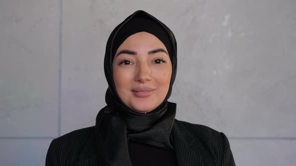 Portrait Young Muslim Woman in Hijab Smiling Happy Enjoying Successful Urban Lifestyle