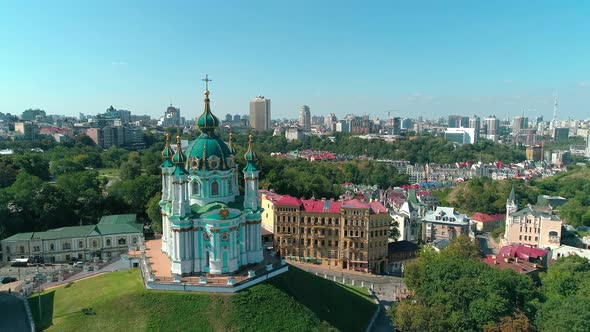 Aerial Drone Footage. St. Andrews Church and Panorama of Kyiv, Ukraine