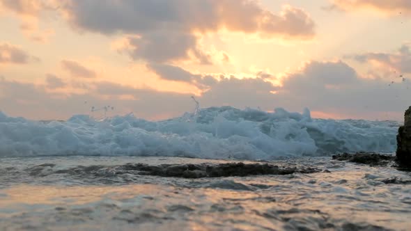 Sea Waves During Beautiful Sunset In Slow Motion