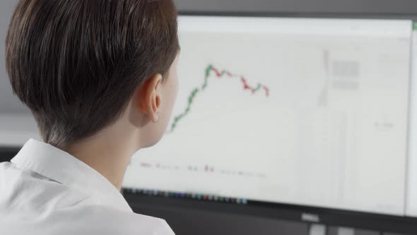 Cropped Rear View Shot of a Woman Analysing Stock Rates on Her Computer alt