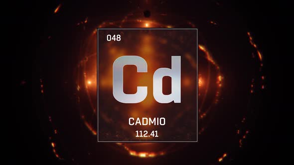 Cadmium as Element 48 of the Periodic Table on Orange Background in Spanish Language