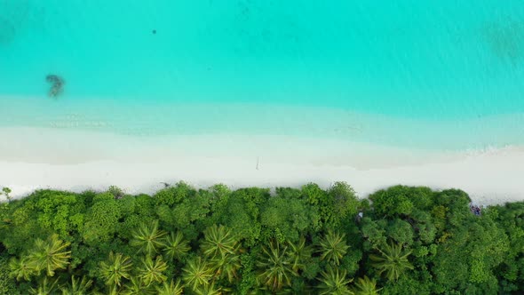 Natural birds eye travel shot of a summer white paradise sand beach and blue water background alt