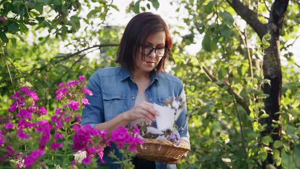 Woman in Summer Garden with Collected Dried Flowers Plant Seeds in Basket alt