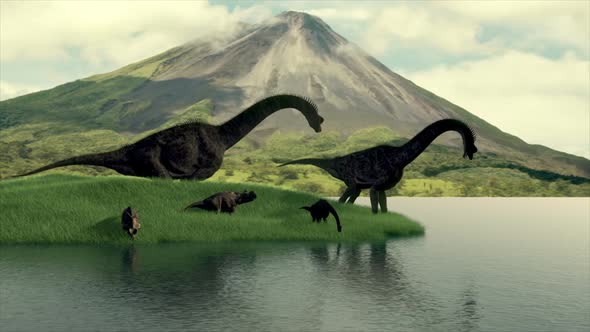 Diplodocus drinking water from the lake