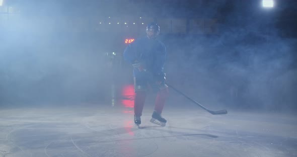 Man Hockey Player with a Puck on the Ice in Hockey Form Leaves with a Stick in His Hands alt