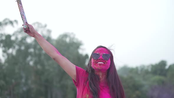 Girls Playing Indian Festival Holi Celebration Slowmotion