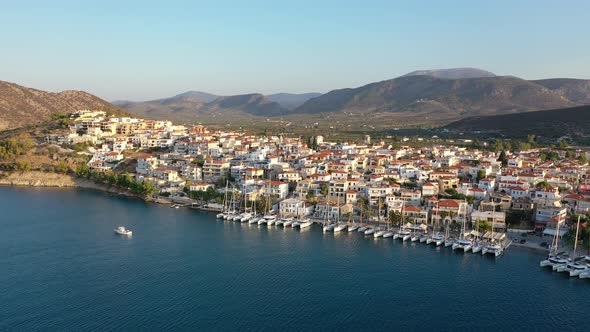 Aerial View of Ermioni Old Town and Marina or Seaport Greece  Drone Videography alt