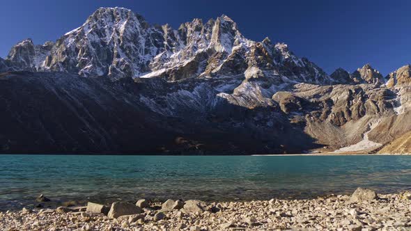 Clean Transparent Water of Gokyo Lake High Up in Himalaya, Nepal. Snowy Mount Gokyo Ri Is in the alt