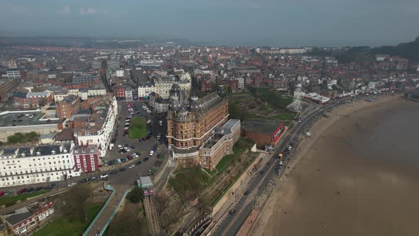 Grand Hotel And Beach, Scarborough, England UK - aerial drone shot alt