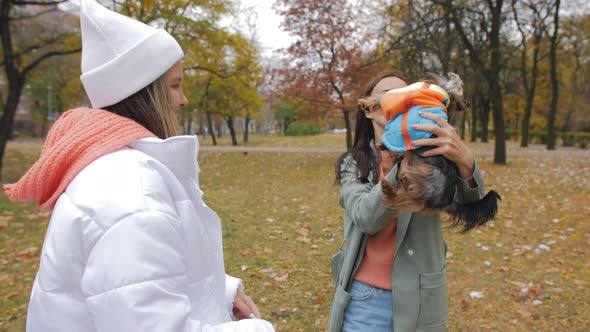 A Woman with a Teenage Daughter Having Fun with a Small Dog Throwing Him Into the Air and Making alt