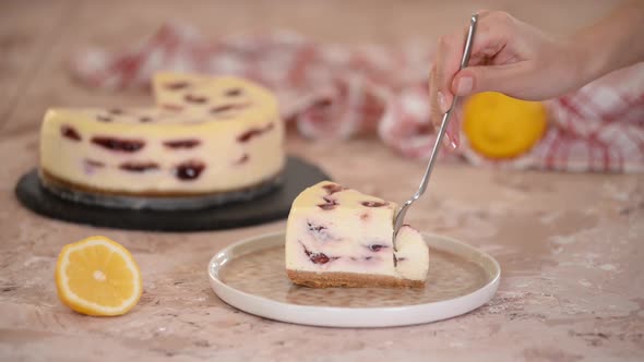Piece of delicious cherry cheesecake.