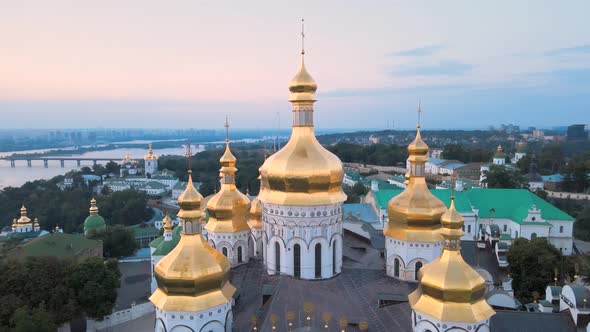Kyiv-Pechersk Lavra in the Morning at Sunrise. Ukraine. Aerial View alt