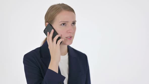 Aggressive Young Businesswoman Angry on Smartphone on White Background alt