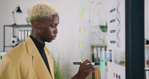African American Male Office Worker Writing Notes on Glass wall alt