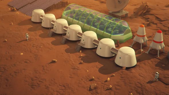 Human base on Mars. White habitats and greenhouse with plants producing oxygen.