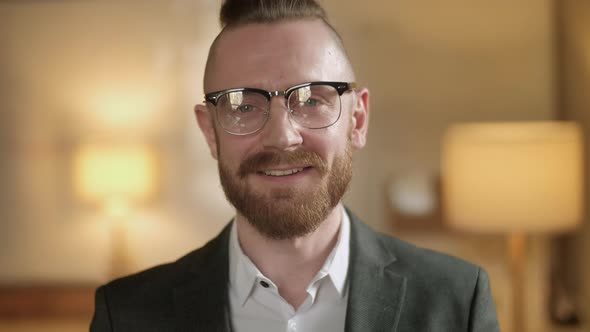 Close Up Of Happy Handsome Man In Glassess Looking To Camera. People Portraits. Concept Of Emotions alt