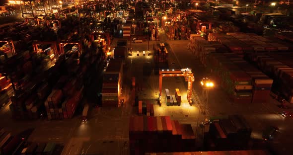 Aerial footage of container terminal at night,Fast motion alt