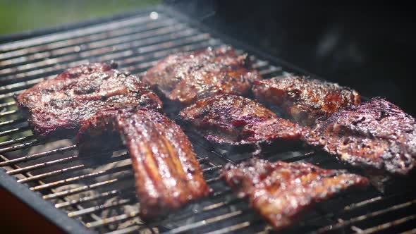 Tasty Ribs Cooking on Barbecue Grill for Summer Outdoor Party alt