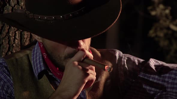 Cowboy with a Cigar in the Forest at Night alt