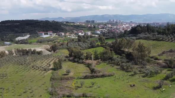 aerial view over the fields towards the city