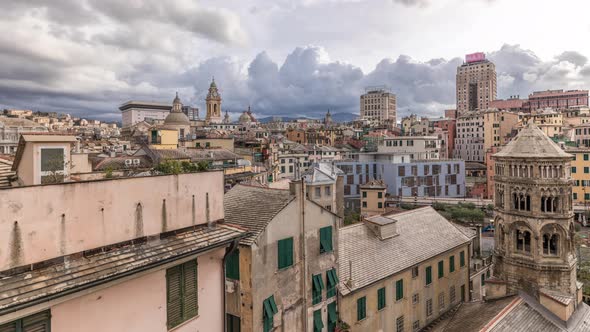 Aerial Panoramic View of European City Genoa Timelapse From Above of Old Historical Centre Quarter alt