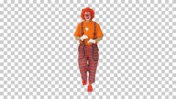 Funny clown holding a paper rose flower and walking, Alpha Channel alt