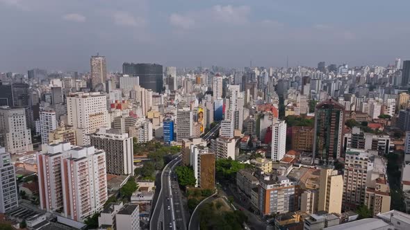 Drone Image, Going Up, Going Backwards, Flies Over An Avenue, Streets In Sao Paulo, Brazil