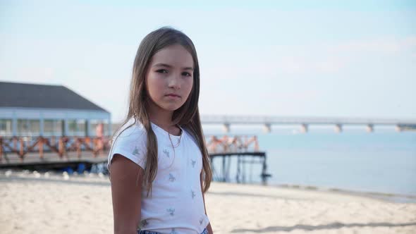 Portrait of Adorable Little Girl at Beach During Summer Vacation alt