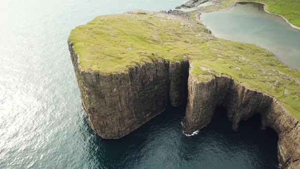 Aerial View of Sorvagsvatn Lake or Leitisvatn Biggest Lake in Faroe Islands alt