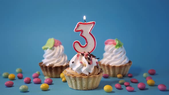 Happy Birthday Greetings to a 3 Year Old Child a Birthday Cupcake with a Candle and Birthday alt