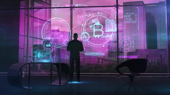 Businessman In Office In Front Of Infographic About Cryptocurrency HD alt